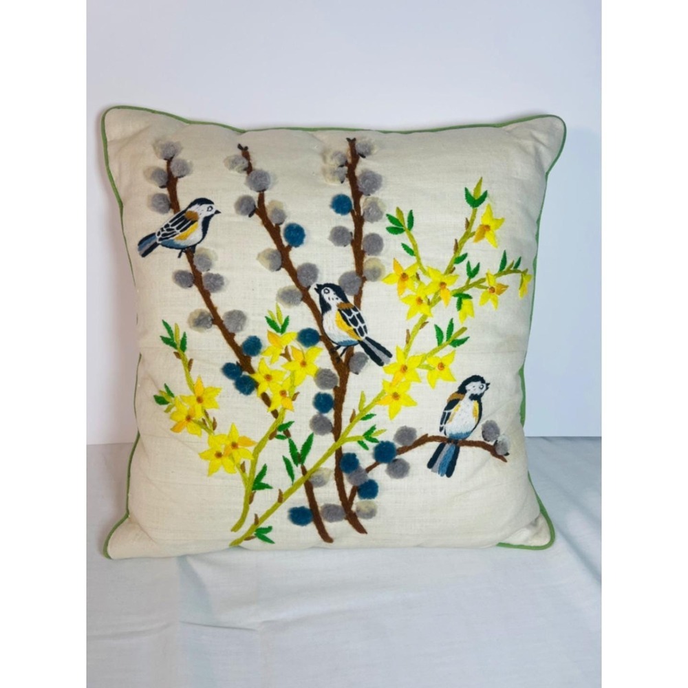 Vintage Handmade Crewel Chickadee Pillow 15x15 Forsythia Pussywillow